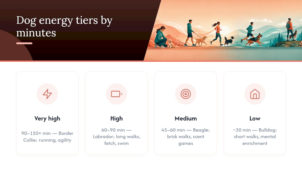 Four dog energy tiers by daily exercise minutes