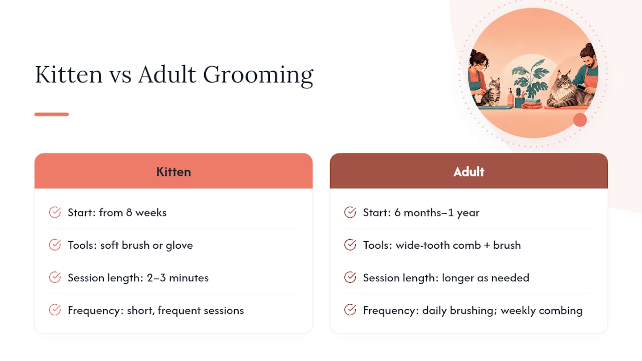 Maine Coon kitten and adult grooming comparison