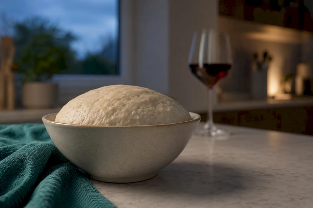 Raw yeast dough beside wine glass