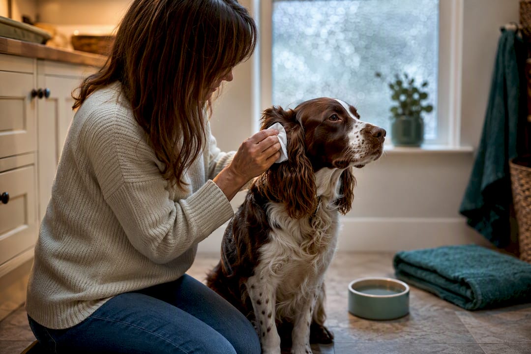 Calm dog during gentle ear cleaning