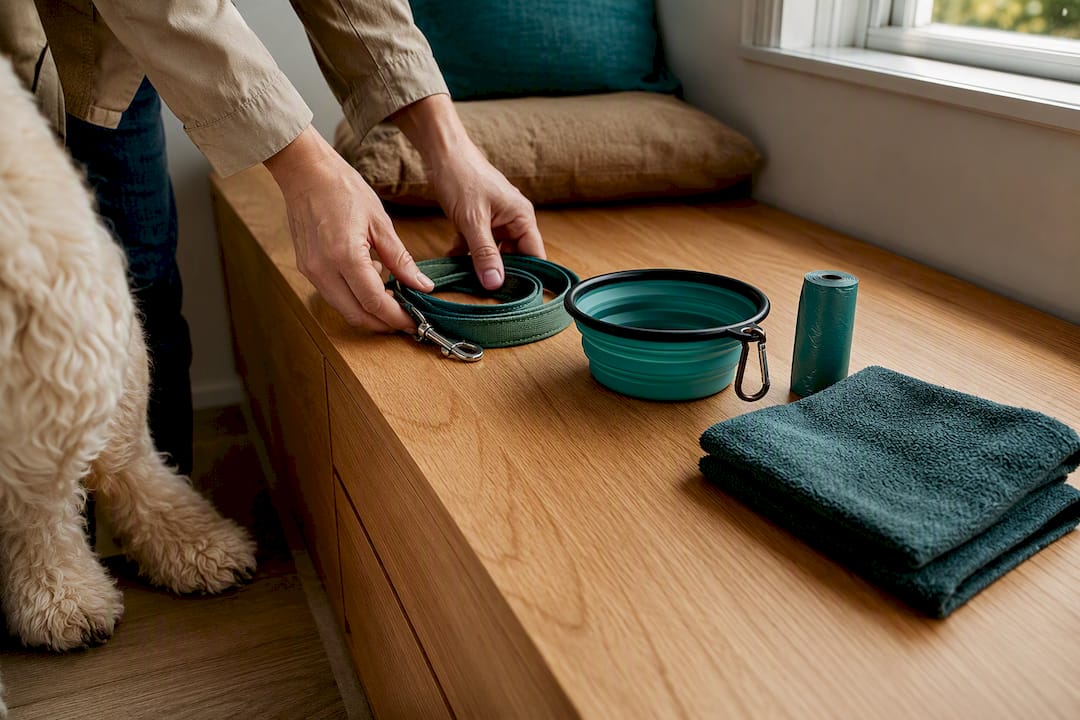 Dog travel essentials arranged before rail journey