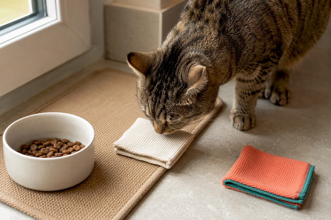 Cat calmly investigating a scent cloth