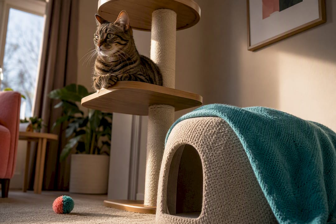 Cat relaxing beside enrichment and hiding space