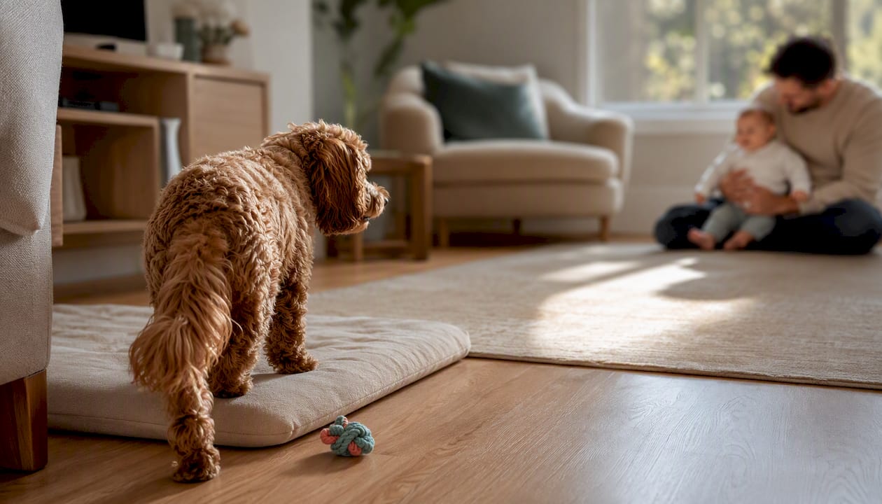 Dog calmly retreating to resting space