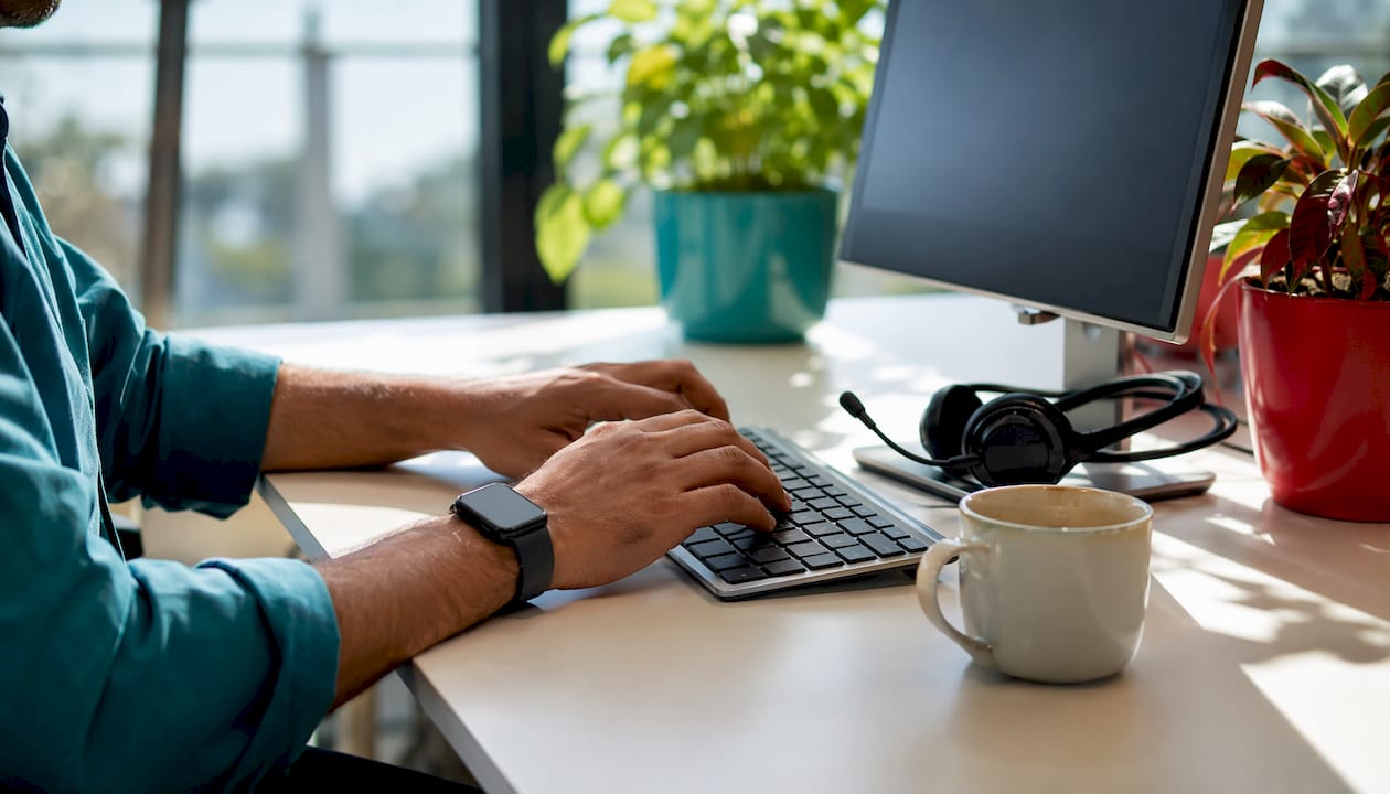 Hands typing on keyboard in WhatsApp support center