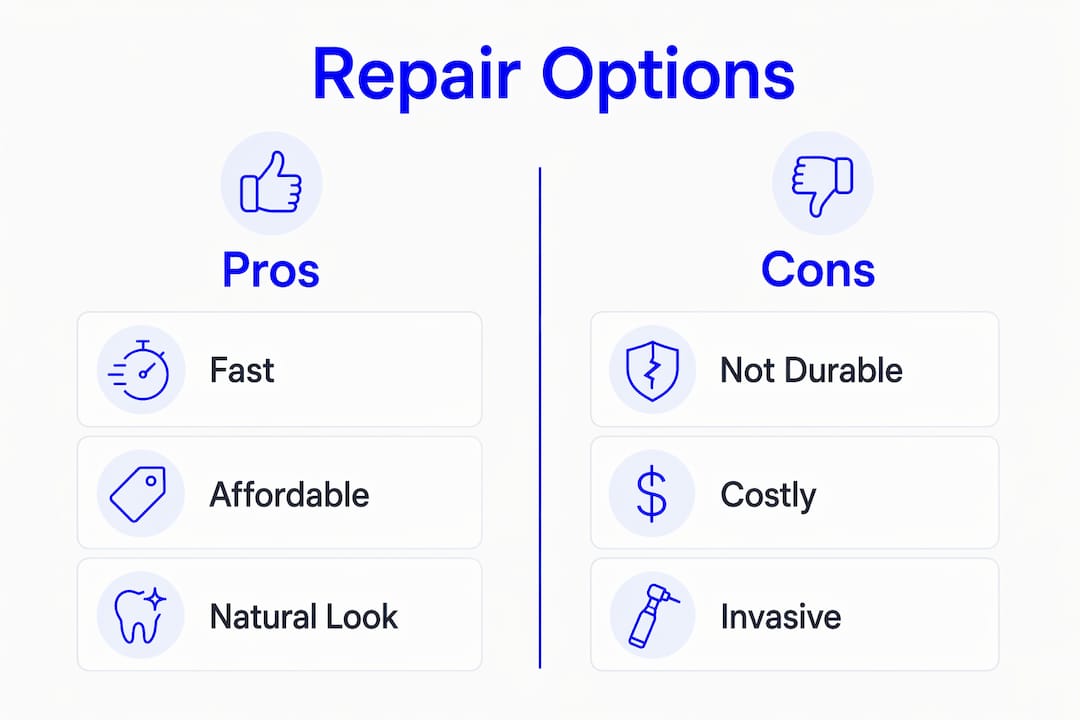 Infographic comparing pros and cons of chipped tooth repairs