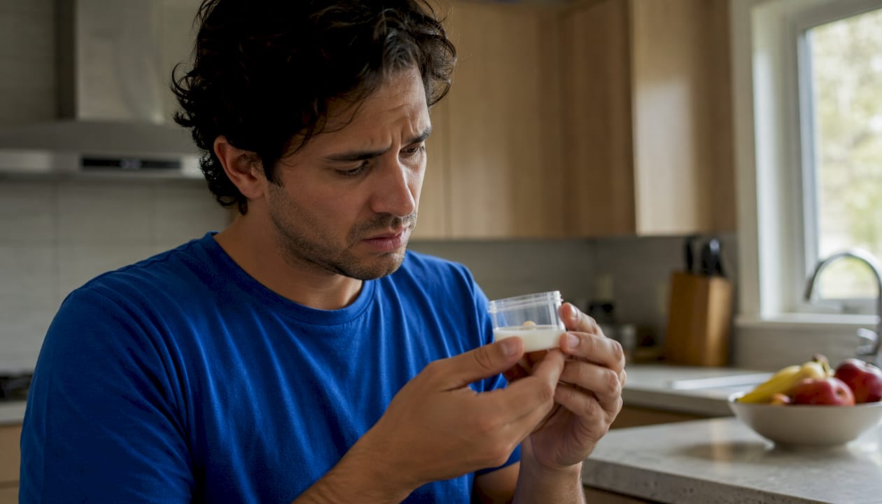 Hands holding tooth fragment in milk for preservation