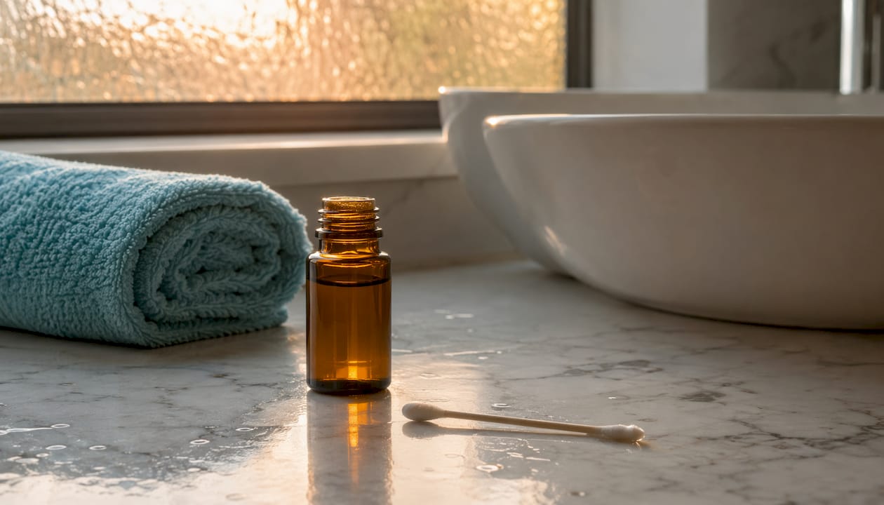 Clove oil bottle with cotton swab on countertop