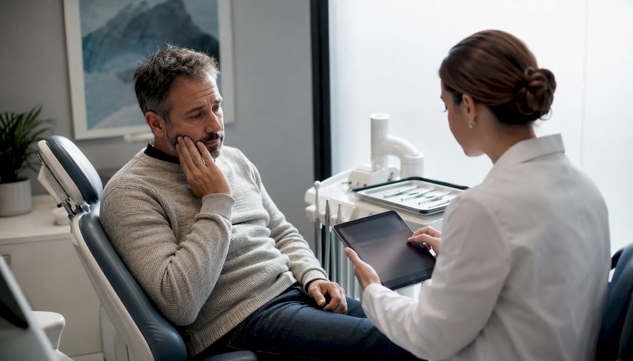Patient consulting dentist for toothache