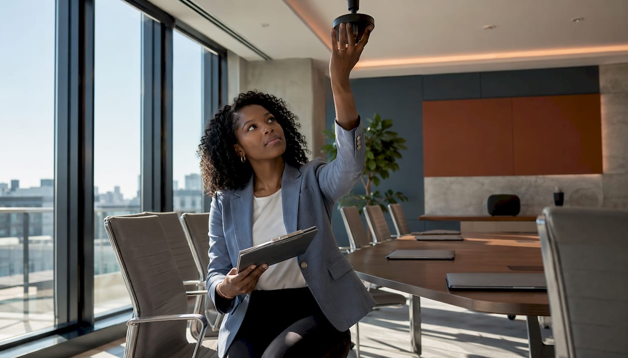 Technician adjusting microphone for conference room