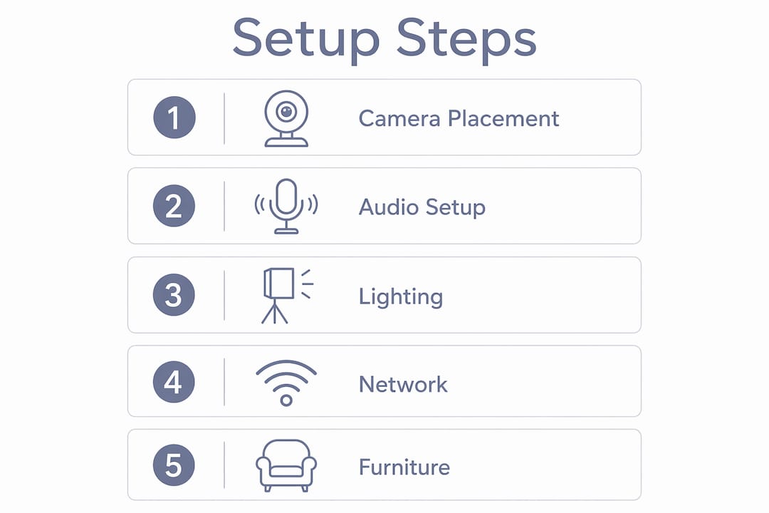 Infographic showing five key video conferencing setup steps
