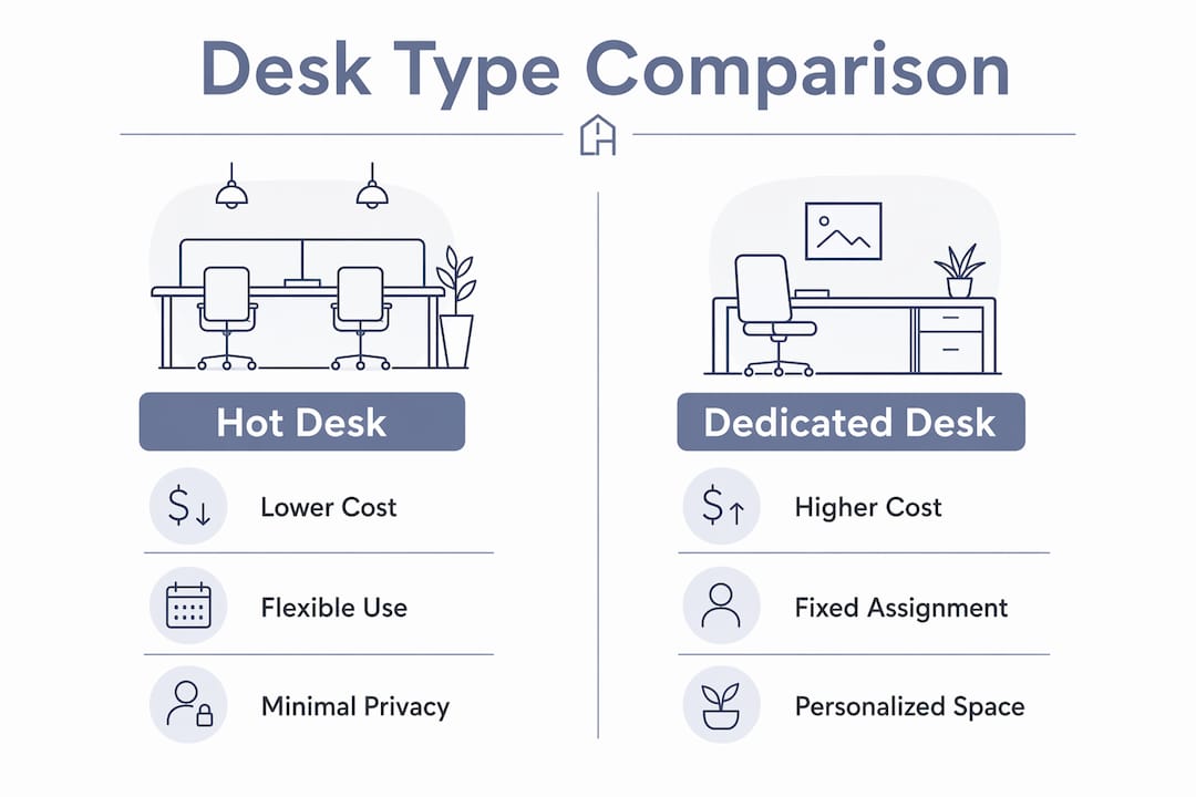 Comparison infographic of hot desk vs dedicated desk