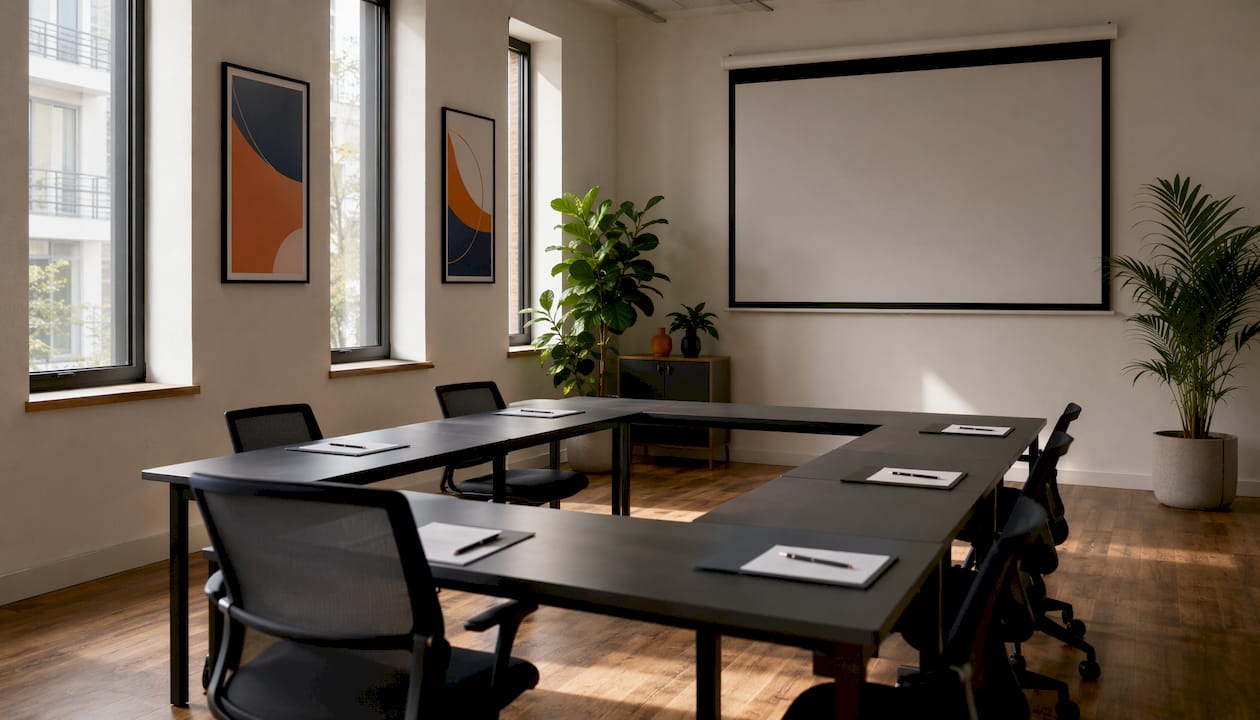 Empty training room classroom layout overhead view