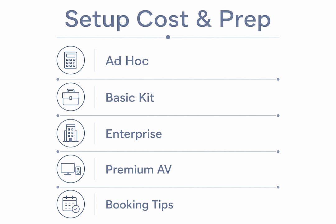 Infographic showing hybrid meeting setup costs and preparation steps