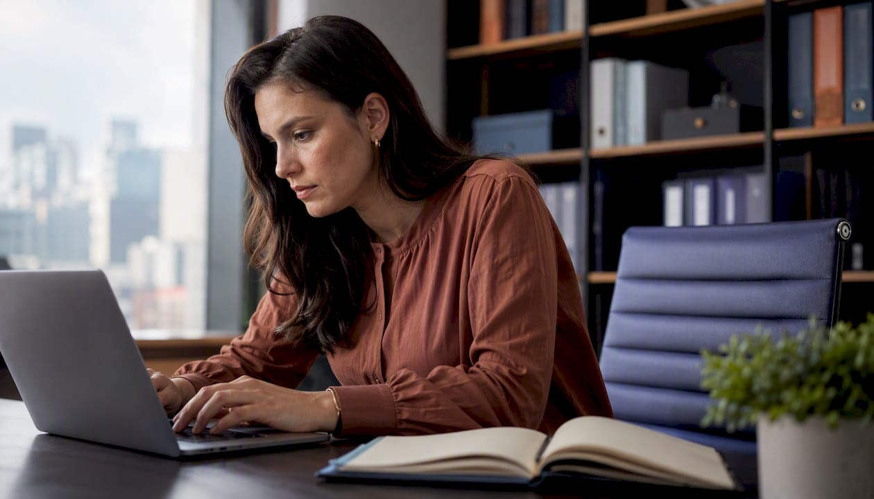 Man working in private office with laptop