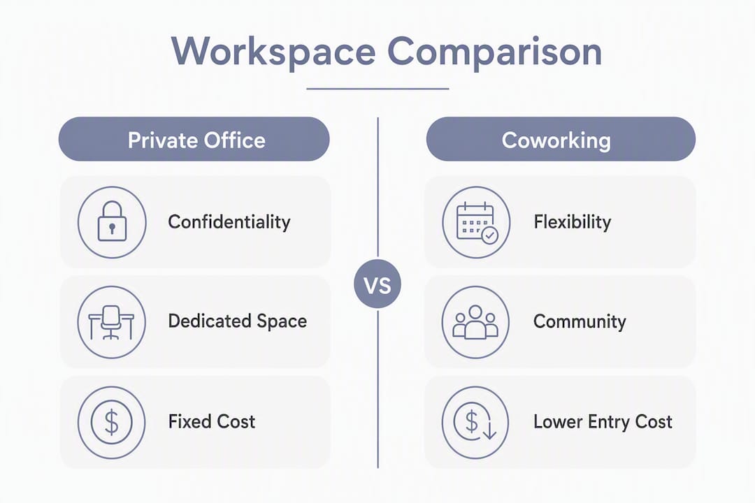 Infographic comparing private office and coworking features