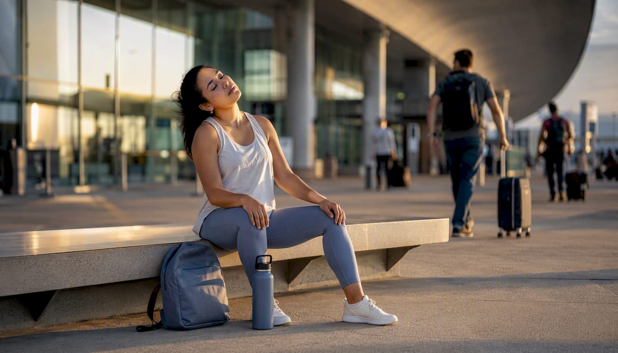 Woman doing neck rolls in airport chair
