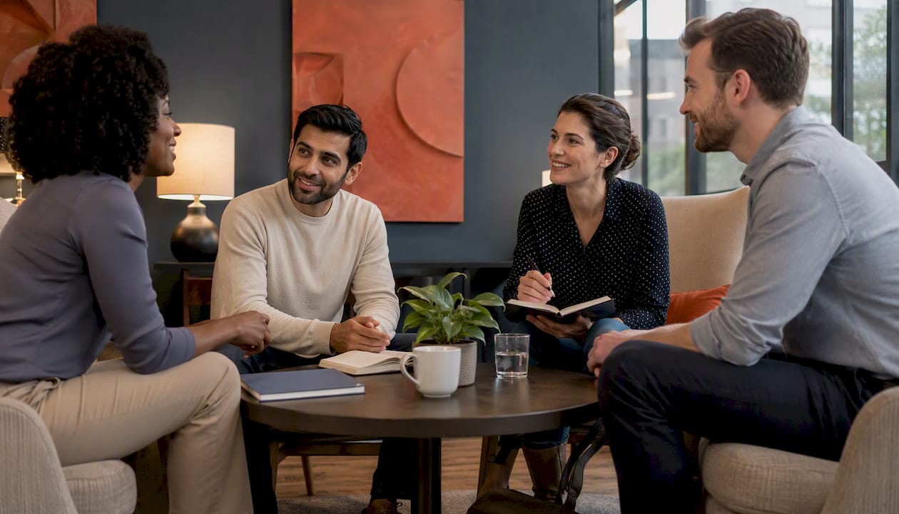 Colleagues in well-lit meeting room with camera sightlines