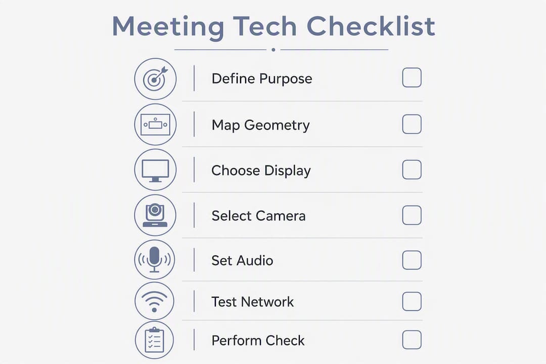 Infographic showing meeting room tech checklist steps