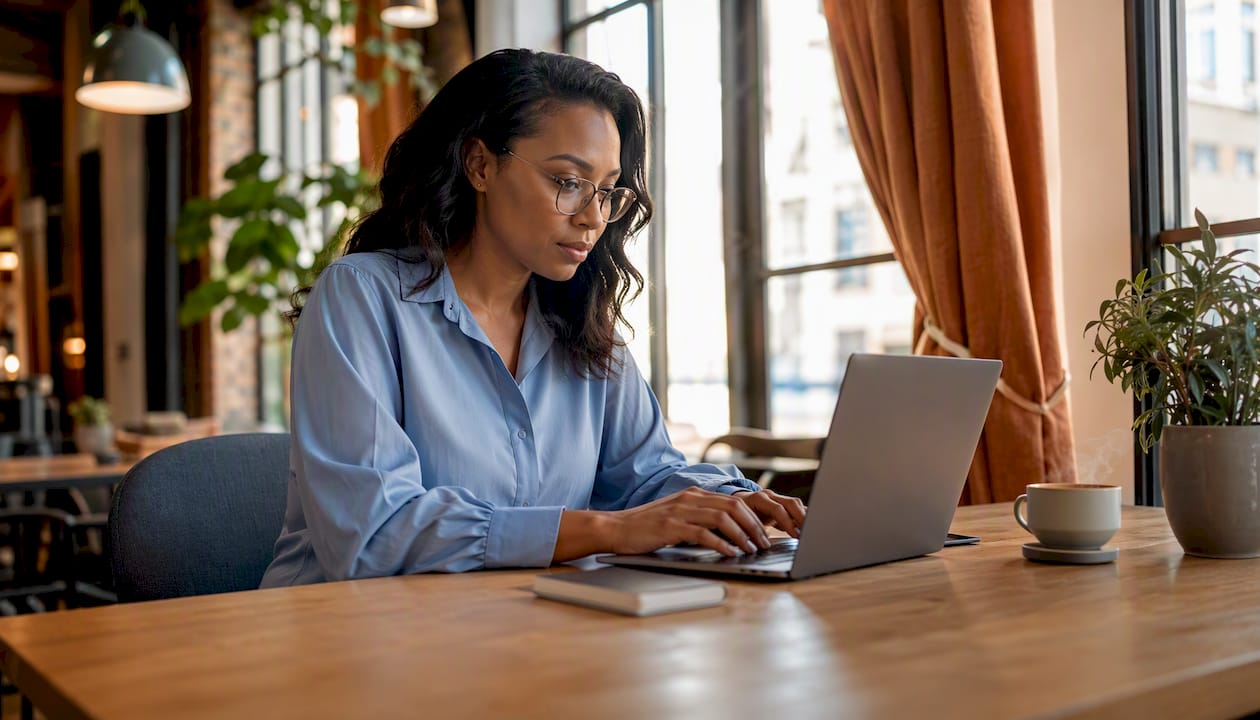 Woman focusing on laptop in private office