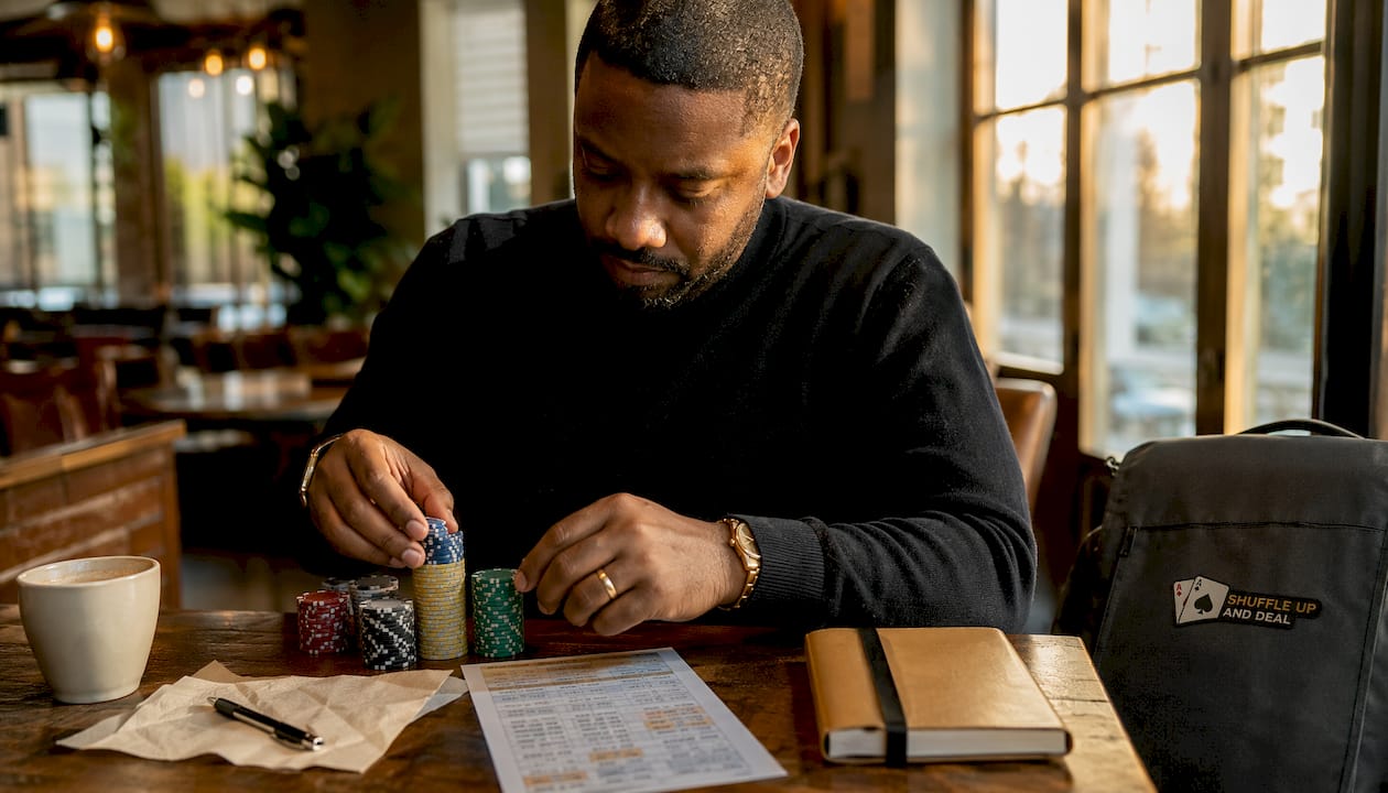Hands stacking chips beside payout charts