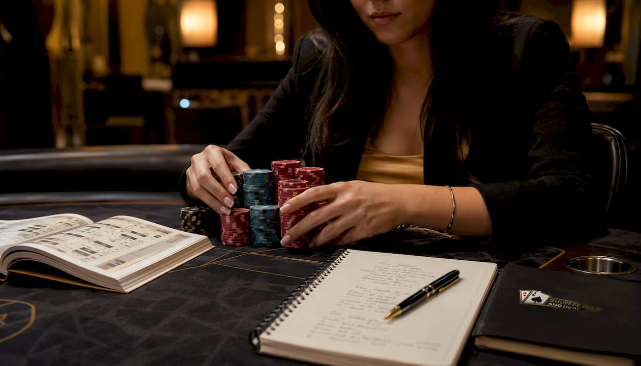Close-up hands stacking chips for big blind ante strategy