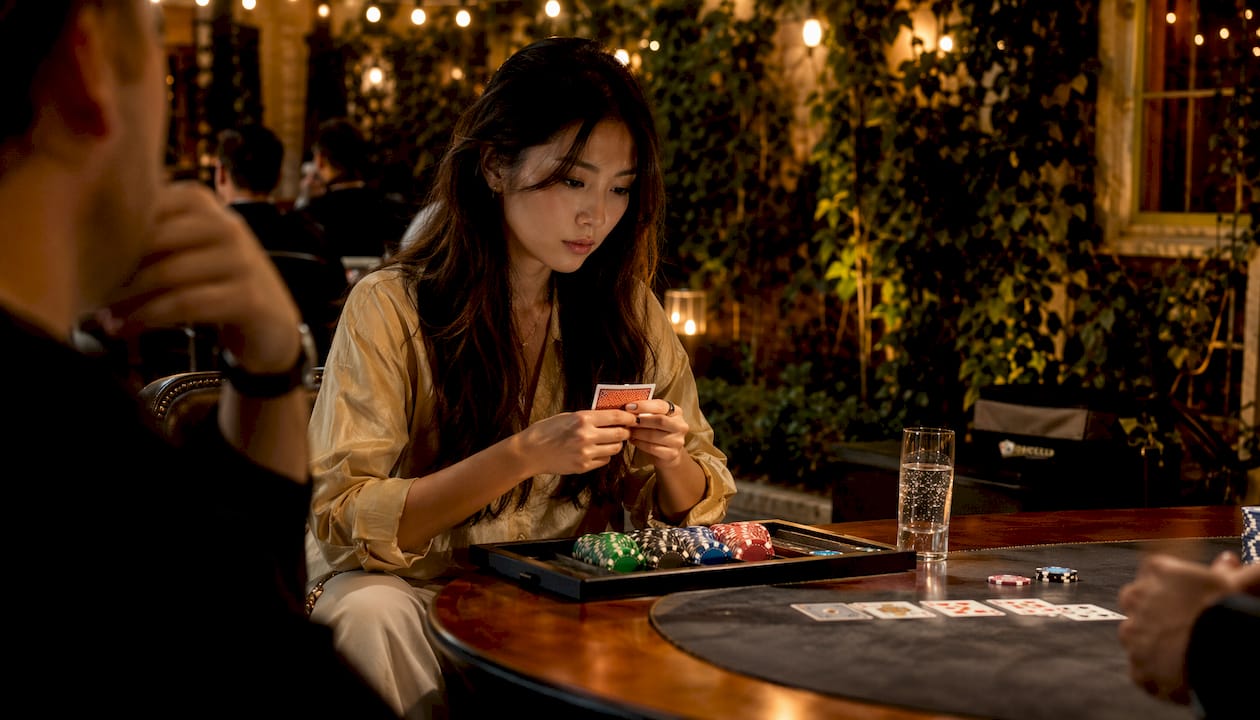 Woman folding cards early in freezeout poker stage