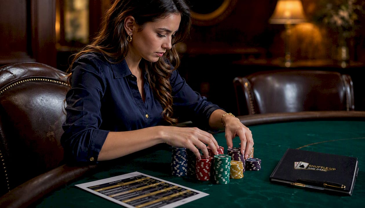 Woman setting up turbo poker tournament table