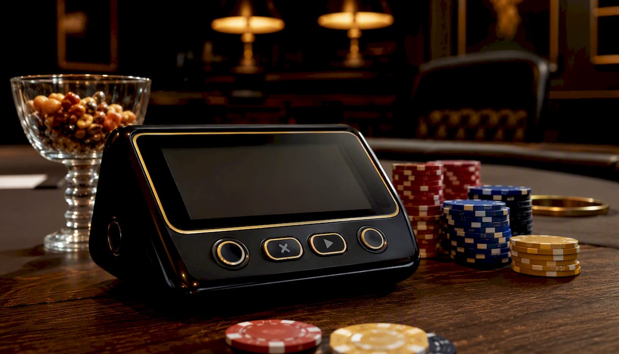Close-up of professional poker blind timer device on table