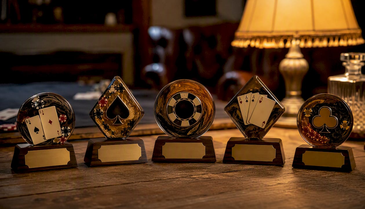 Take-home resin and wooden poker trophies