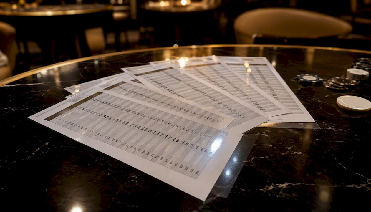 Poker points scale sheets on table
