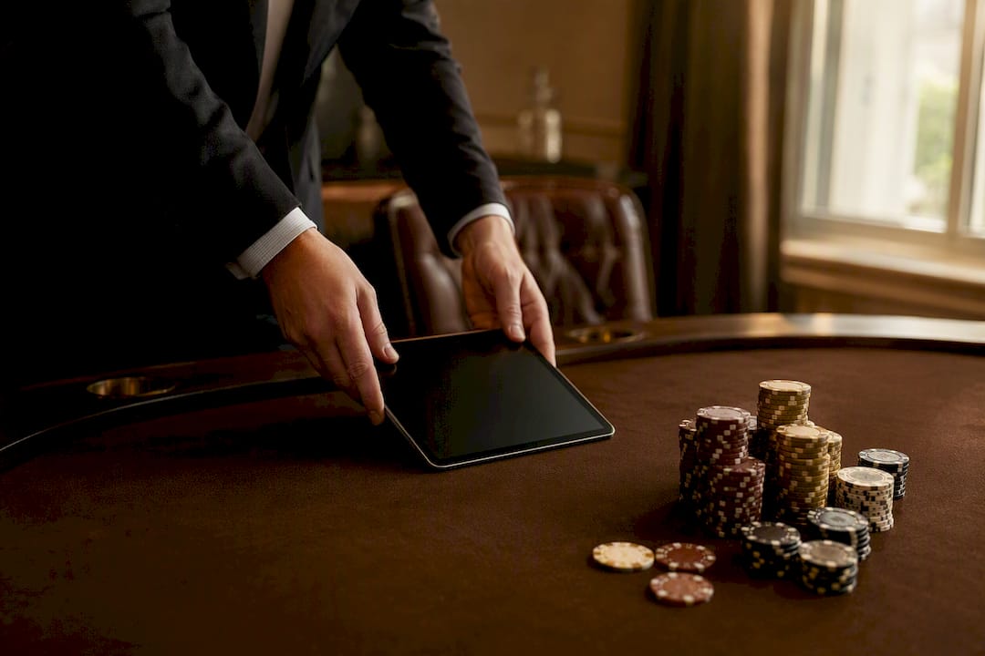 Hands holding tablet with poker chips nearby