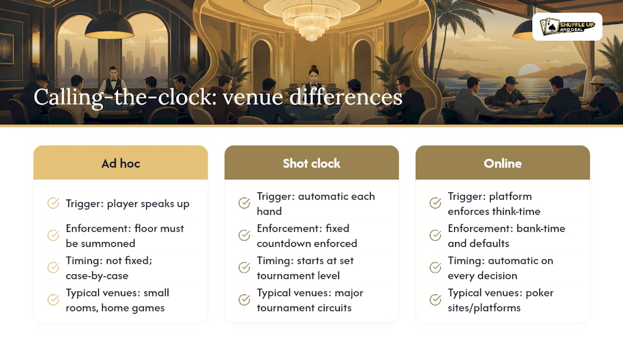 Diagram comparing clock call rules in poker rooms, casinos, and online platforms