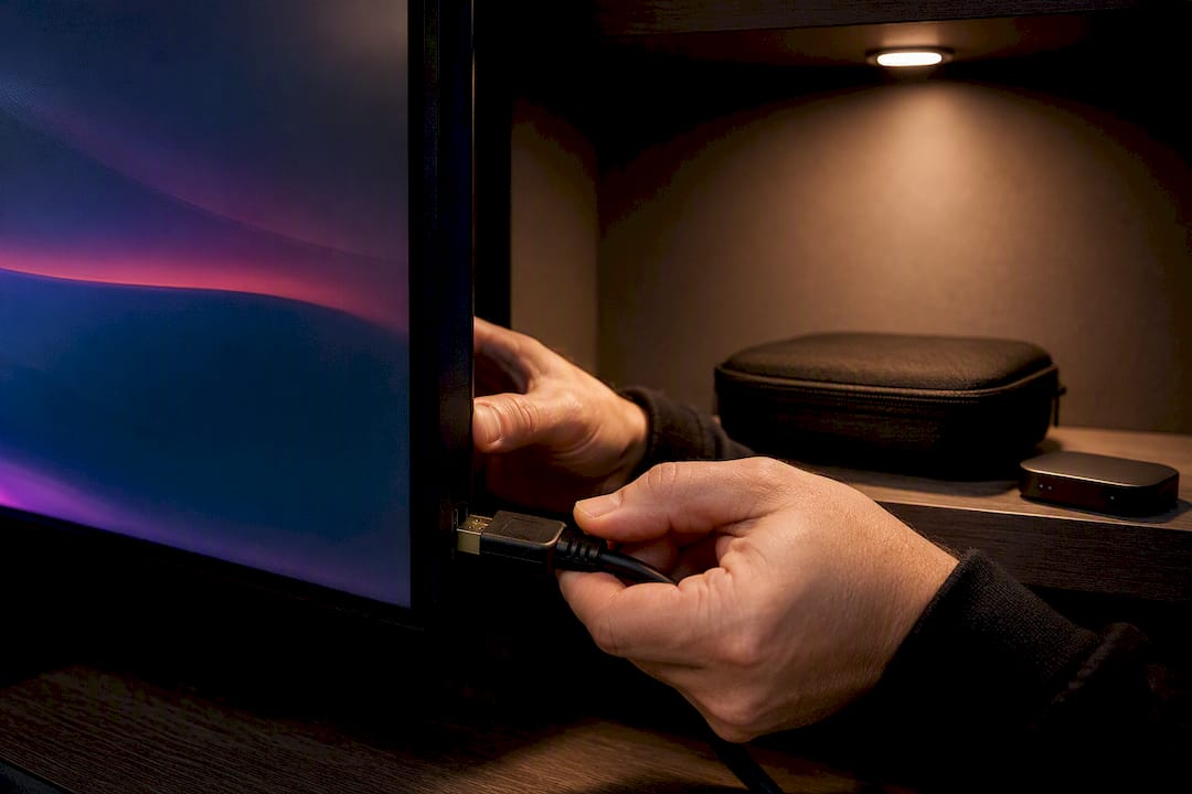 Organizer testing an HDMI display connection