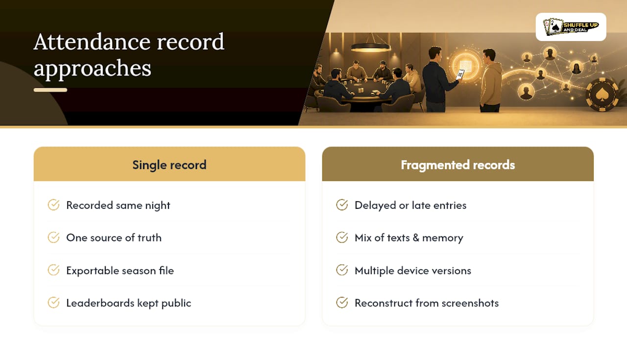 Single authoritative poker attendance record workflow