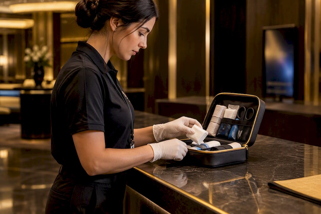 First-aider checking venue emergency kit
