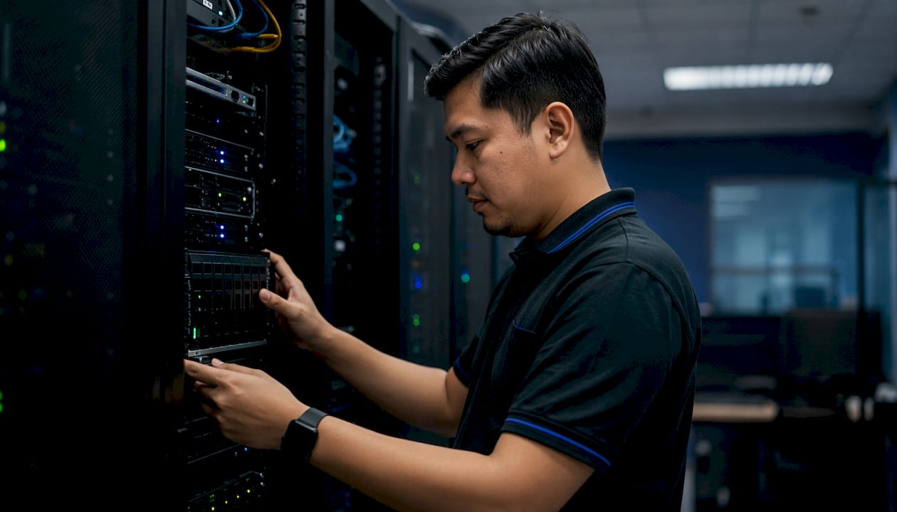 IT administrator typing in server room