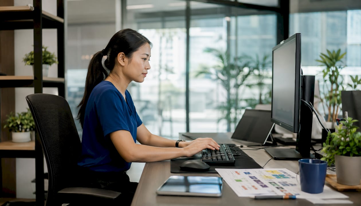 IT professional typing in server room