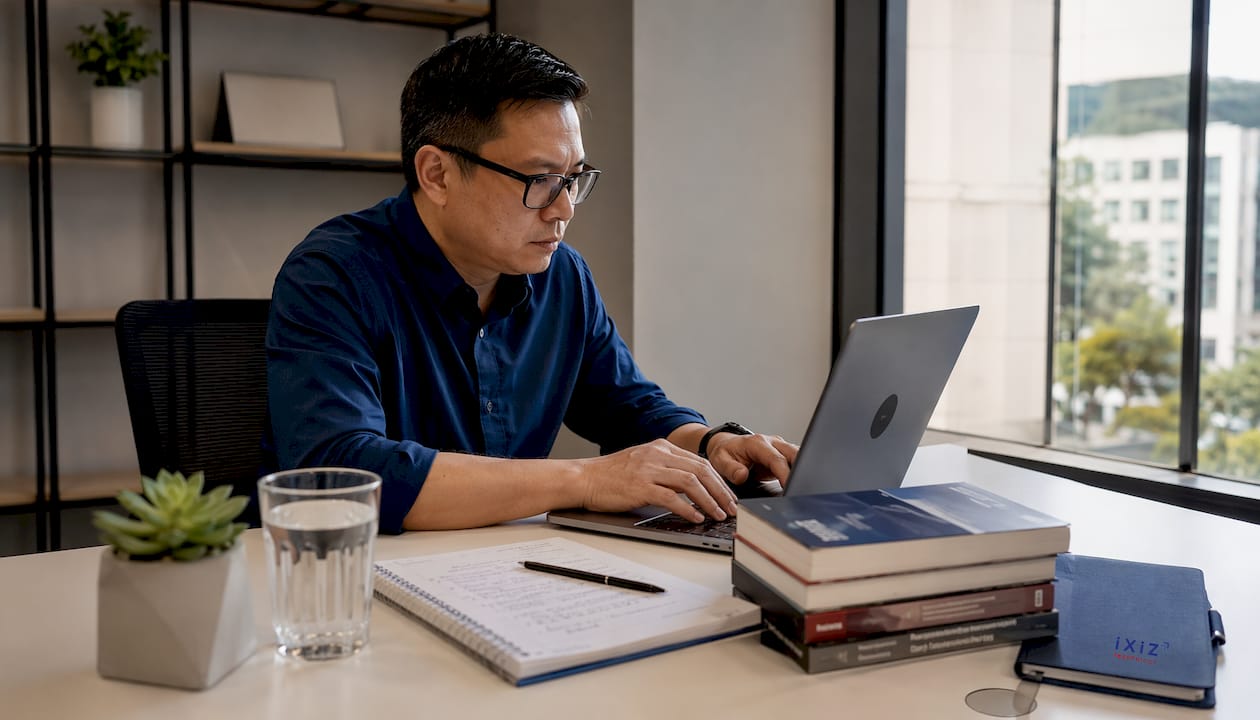 IT manager preparing phishing simulations at desk