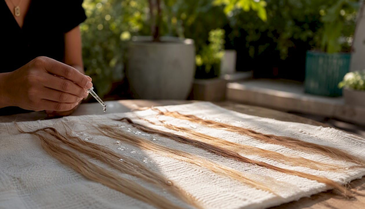 Wet hair strands laid out for porosity test preparation