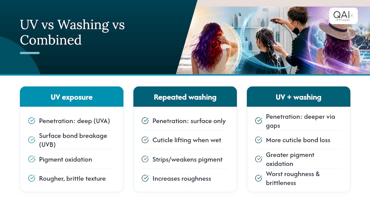 UV and washing effects on treated hair