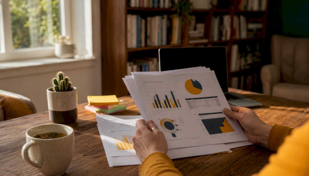 Hands reviewing printed AI marketing data