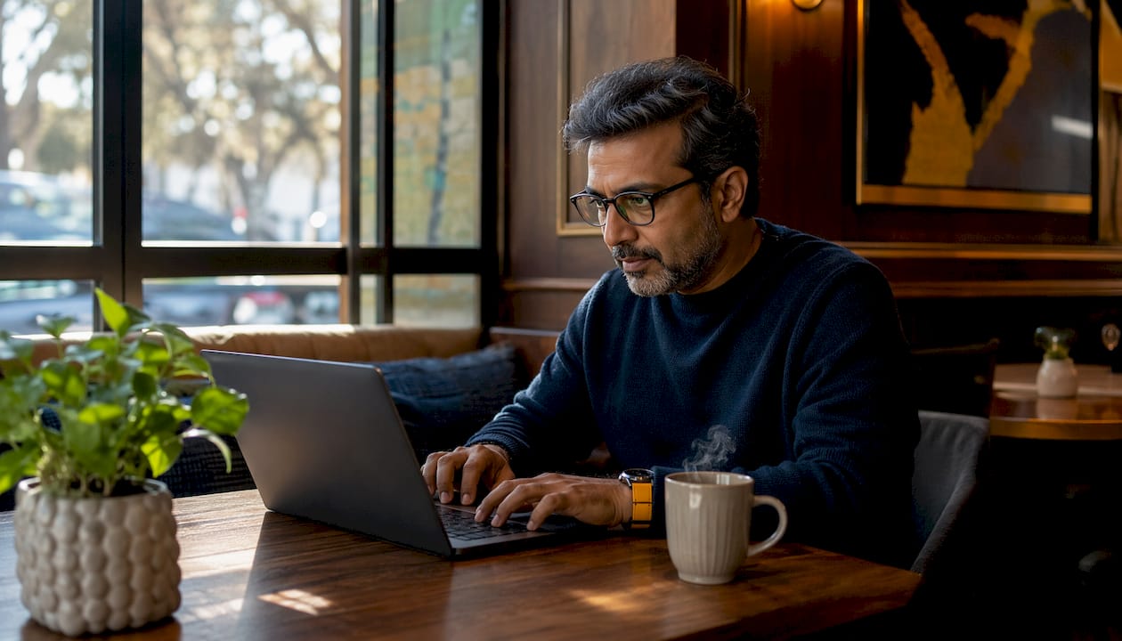 Man using AI visibility dashboard at home office