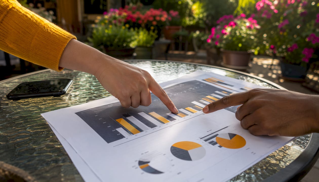 Hands pointing at AI Authority score chart on desk