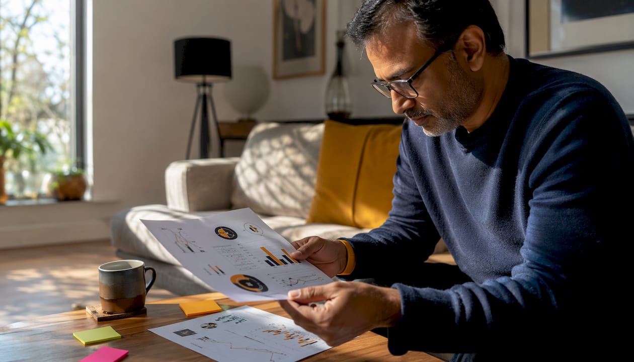 Man analyzing GEO reports in home office