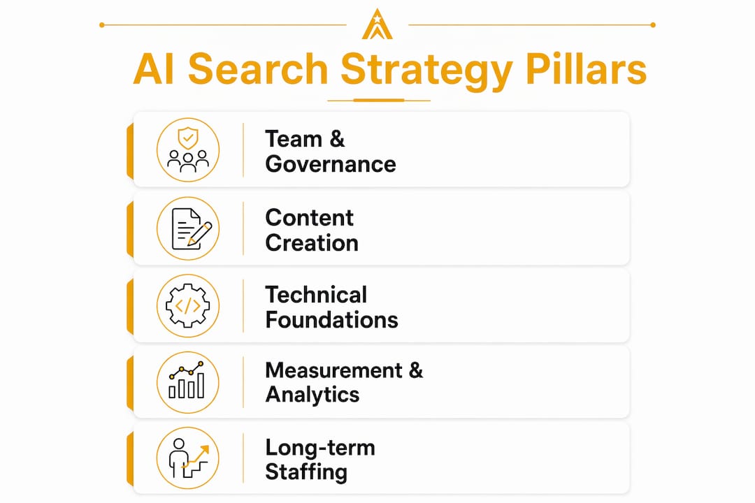 Infographic illustrating five pillars of AI search strategy