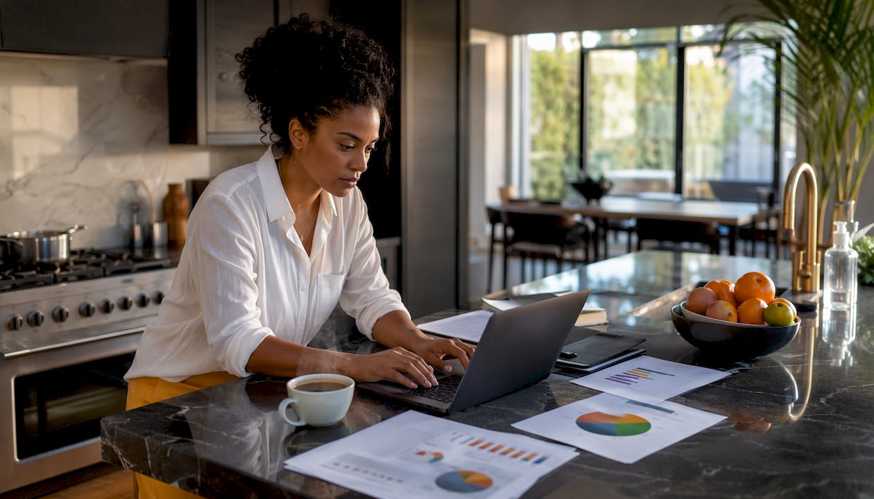 Woman working on AI strategy at home desk