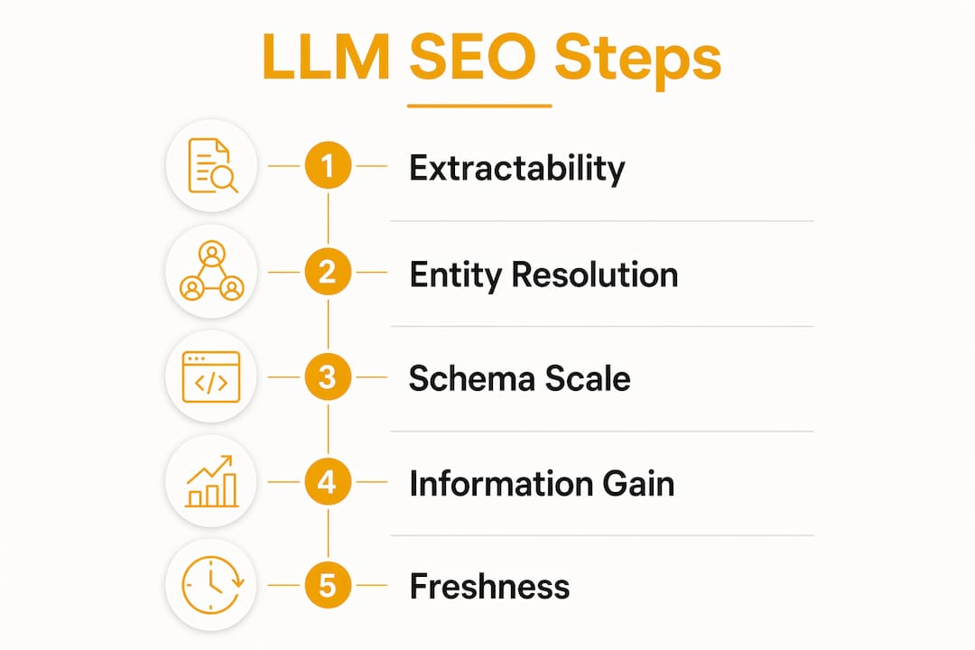 Infographic illustrating LLM SEO optimization steps with modern design