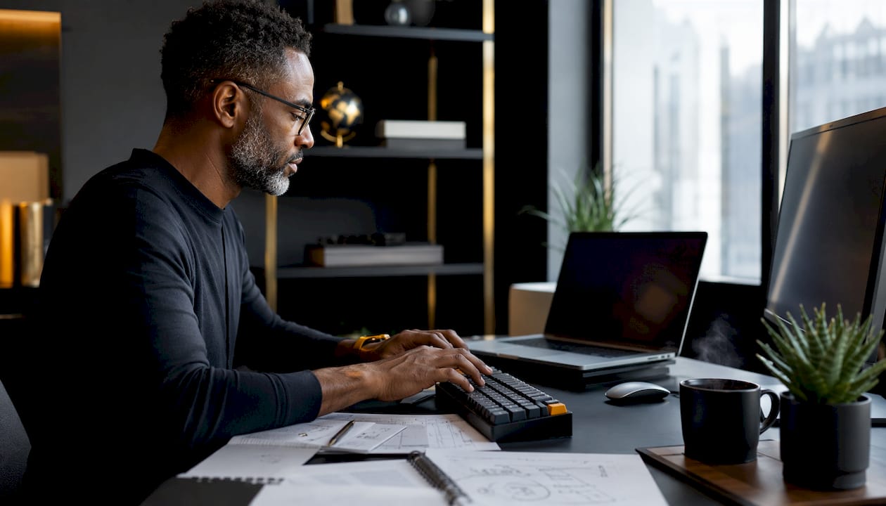 Hands typing on keyboard in SEO home office