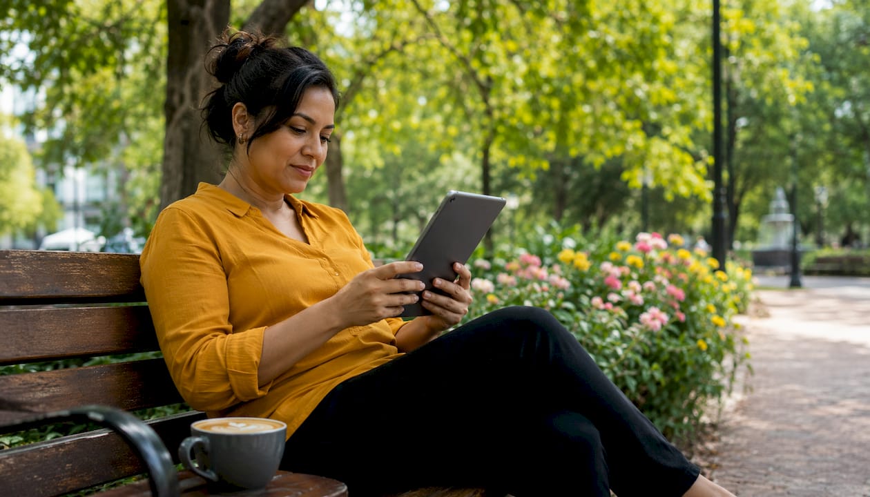 Woman using tablet for rank tracking in café